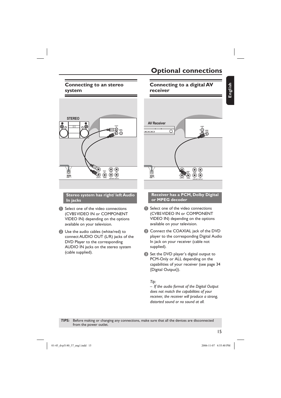 Optional connections, Connecting to an stereo system, Connecting to a digital av receiver | Eng li sh | Philips DVP3140-37 User Manual | Page 15 / 45
