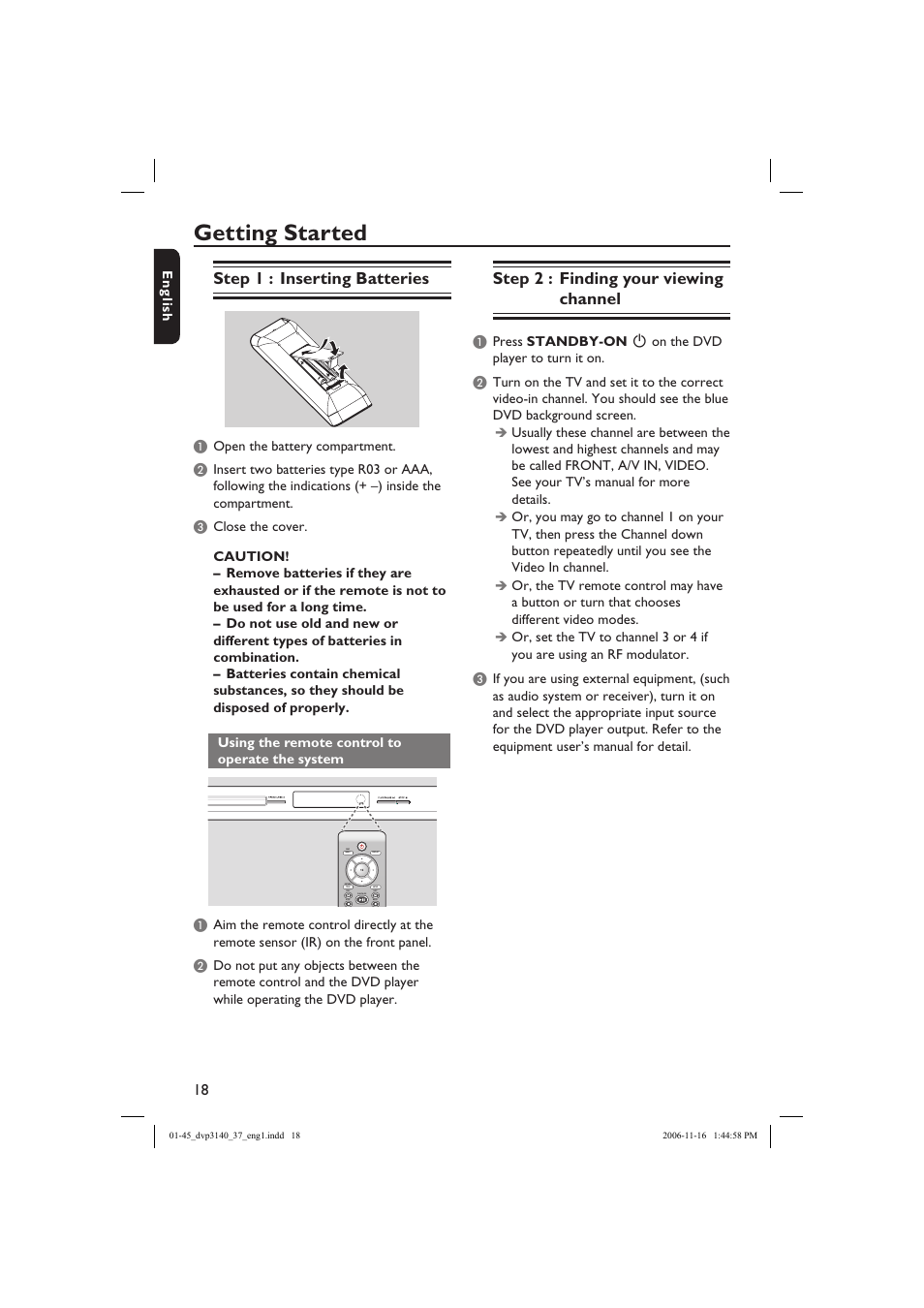 Getting started, Step 1 : inserting batteries, Step 2 : finding your viewing channel | Philips DVP3140-37 User Manual | Page 18 / 45