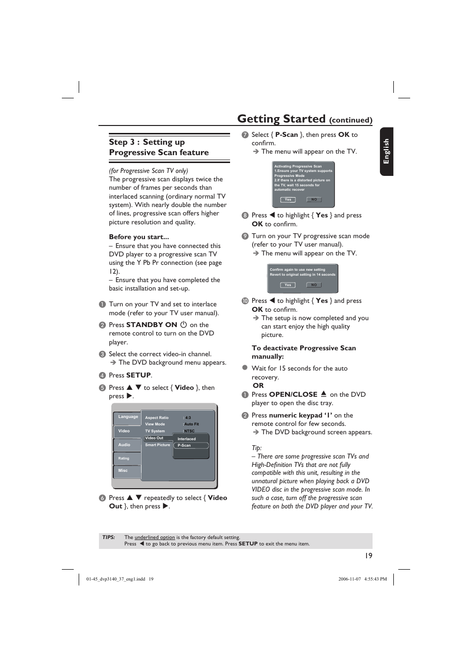 Getting started, Step 3 : setting up progressive scan feature, Continued) | Philips DVP3140-37 User Manual | Page 19 / 45