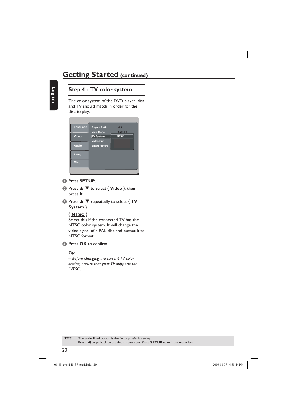 Getting started, Step 4 : tv color system, Continued) | Eng li sh | Philips DVP3140-37 User Manual | Page 20 / 45