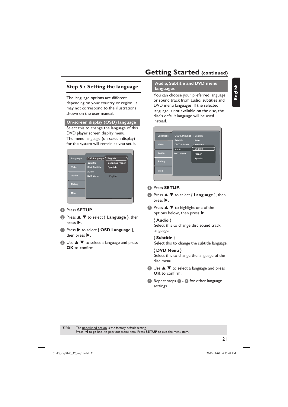 Getting started, Step 5 : setting the language, Continued) | Philips DVP3140-37 User Manual | Page 21 / 45