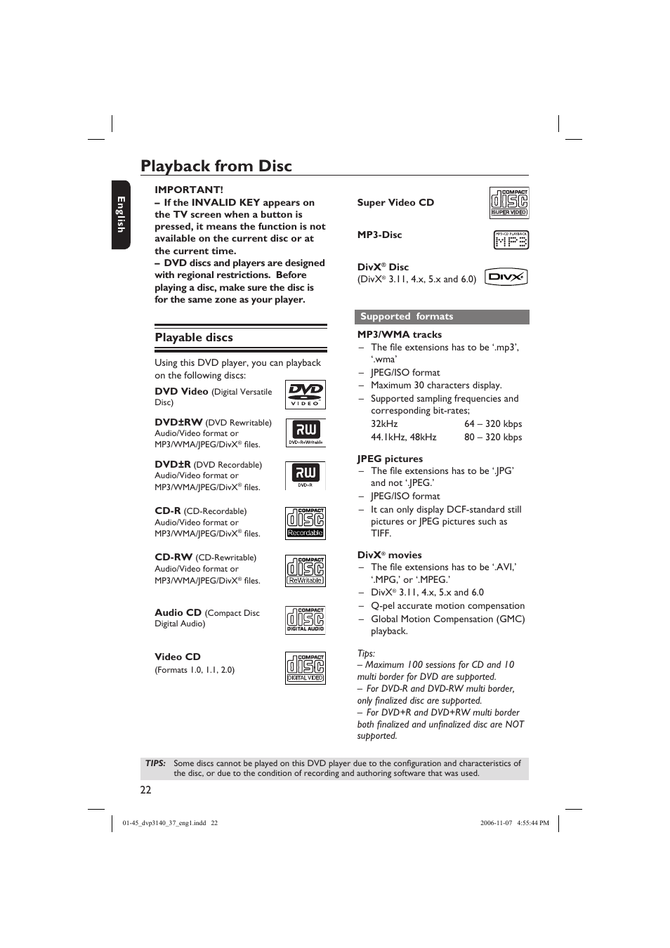 Playback from disc, Playable discs | Philips DVP3140-37 User Manual | Page 22 / 45