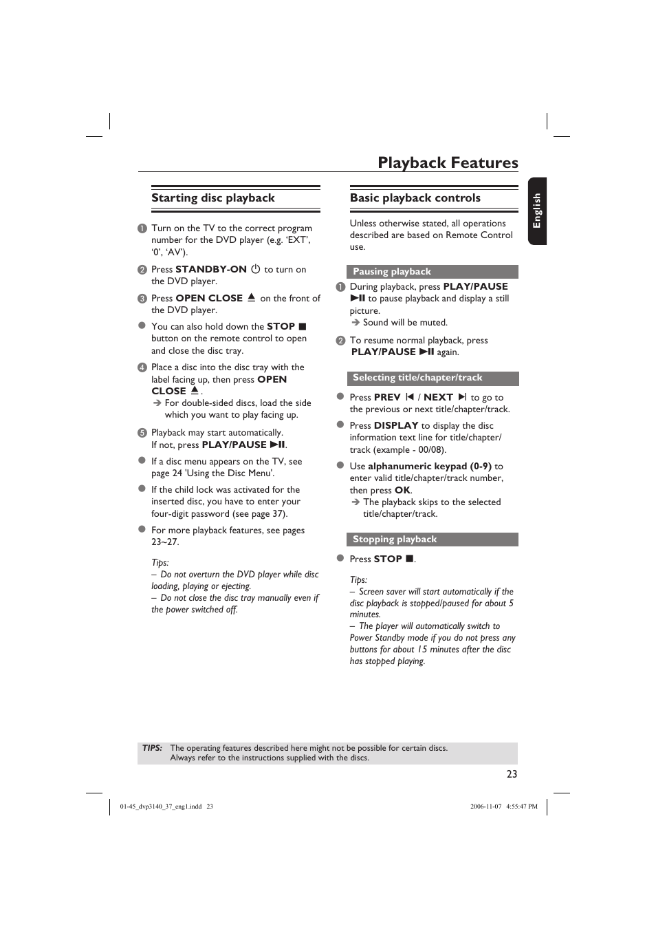 Playback features | Philips DVP3140-37 User Manual | Page 23 / 45