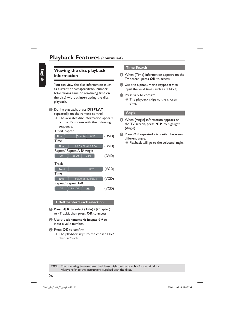 Playback features, Viewing the disc playback information | Philips DVP3140-37 User Manual | Page 26 / 45