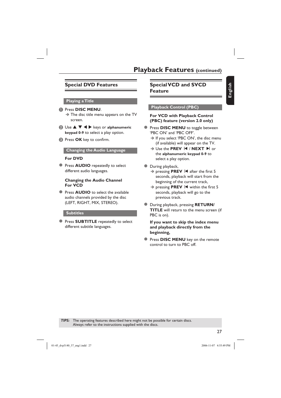 Playback features | Philips DVP3140-37 User Manual | Page 27 / 45