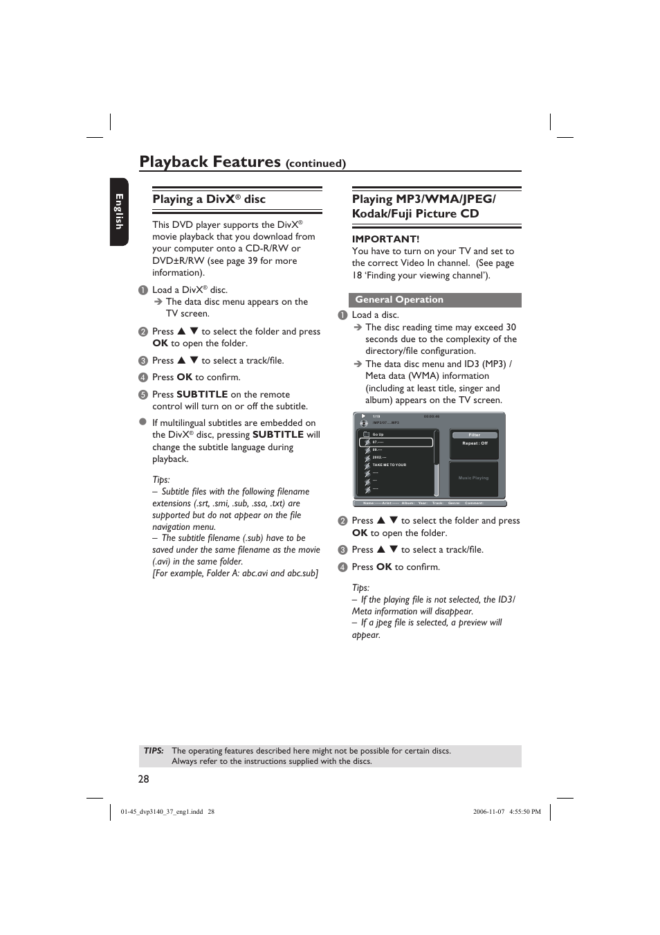 Playback features, Playing a divx, Disc | Playing mp3/wma/jpeg/ kodak/fuji picture cd, Continued) | Philips DVP3140-37 User Manual | Page 28 / 45