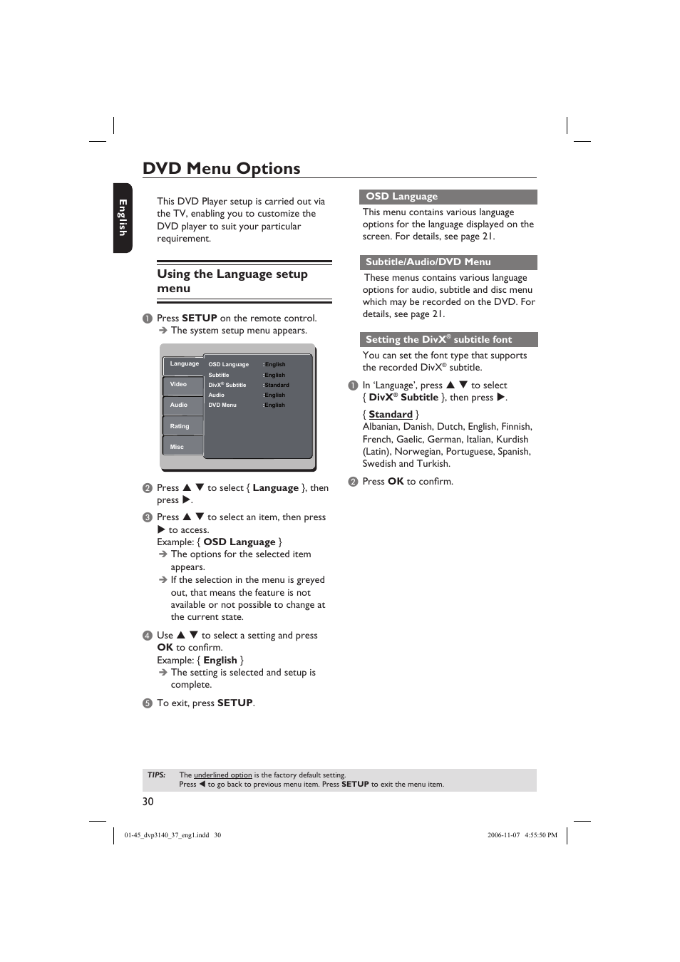 Dvd menu options, Using the language setup menu | Philips DVP3140-37 User Manual | Page 30 / 45