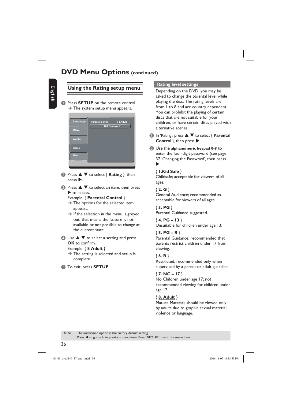 Dvd menu options, Using the rating setup menu, Continued) | Philips DVP3140-37 User Manual | Page 36 / 45