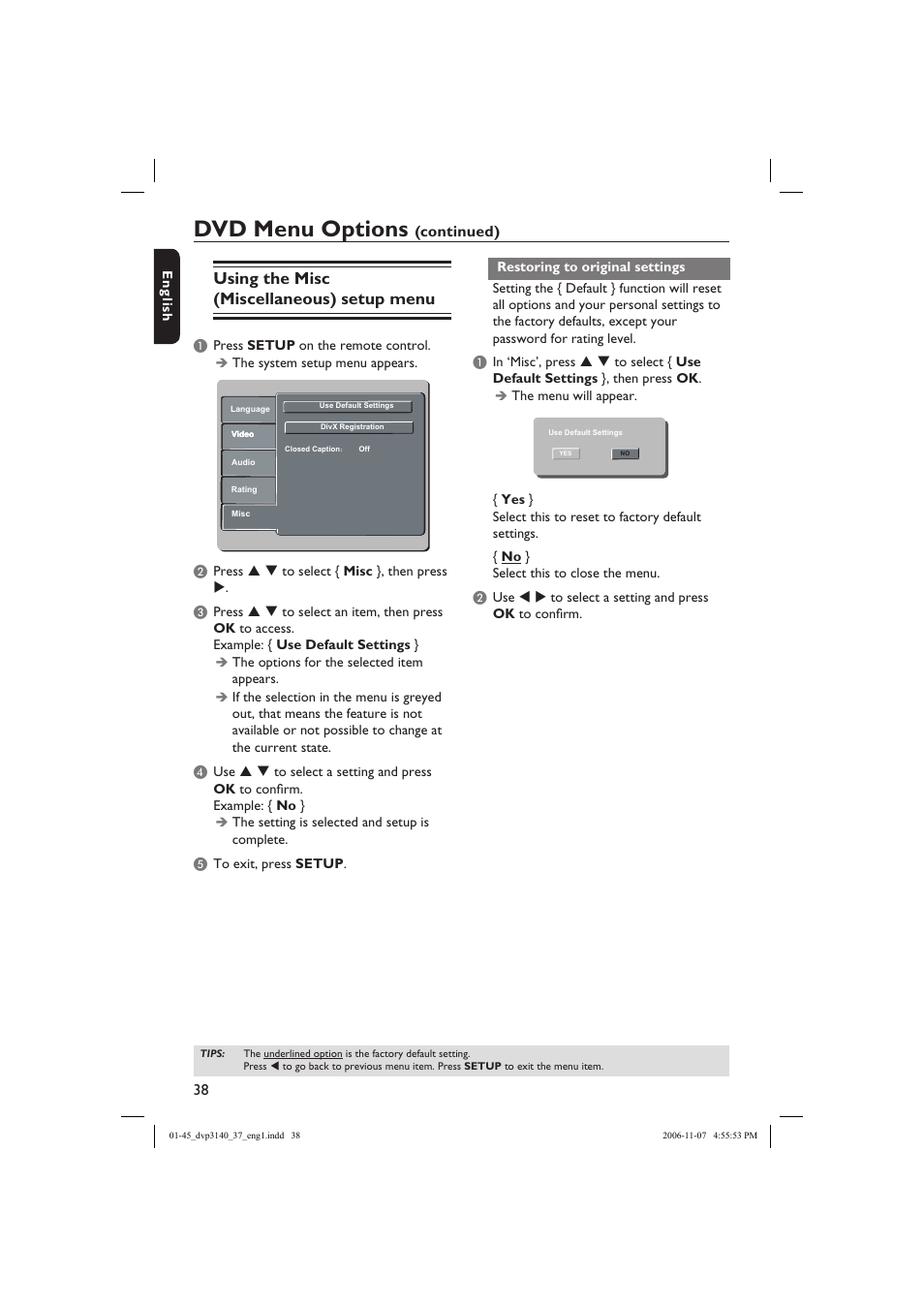 Dvd menu options, Using the misc (miscellaneous) setup menu, Continued) | Philips DVP3140-37 User Manual | Page 38 / 45