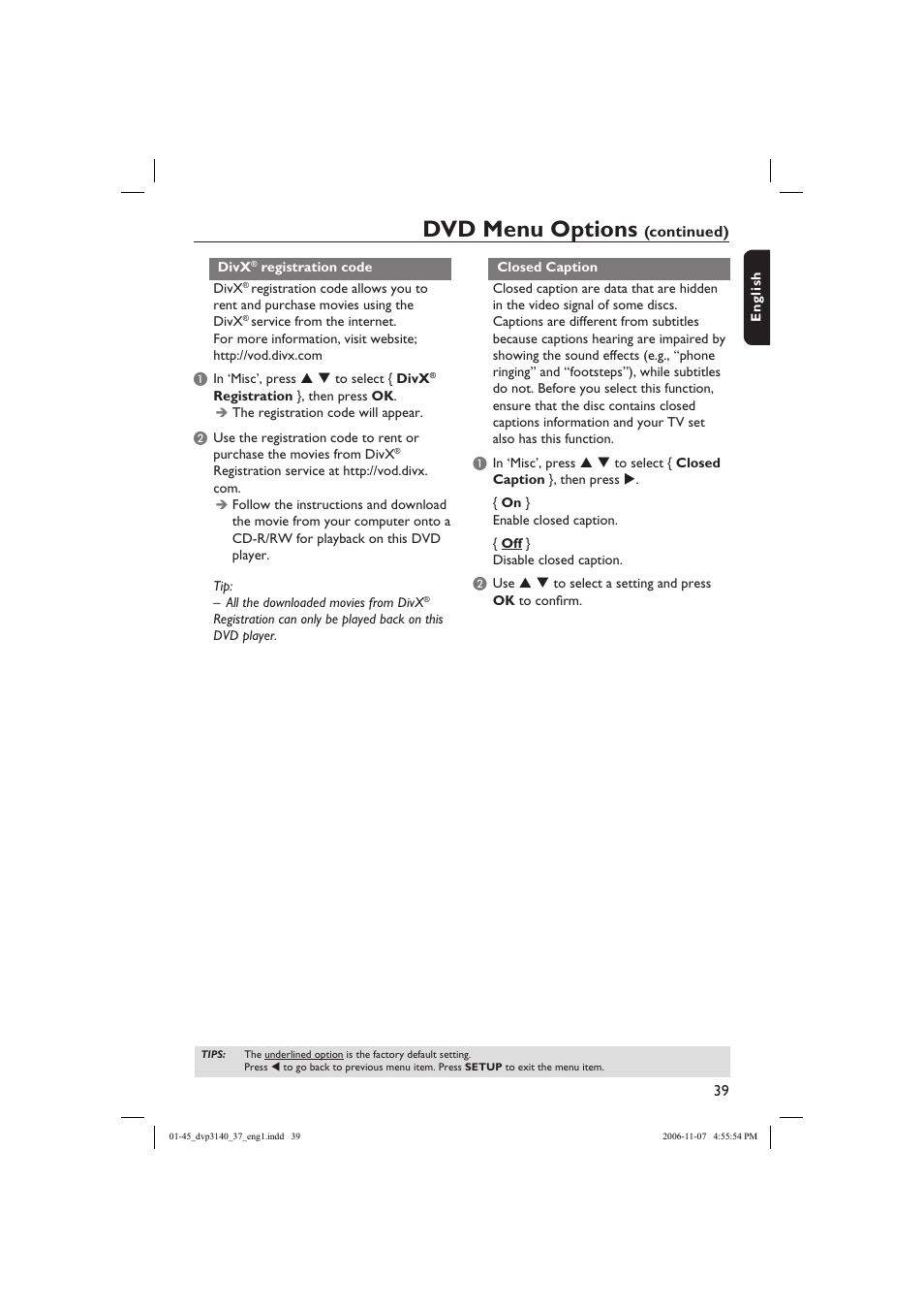 Dvd menu options | Philips DVP3140-37 User Manual | Page 39 / 45