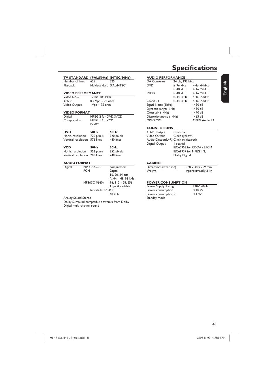 Specifi cations | Philips DVP3140-37 User Manual | Page 41 / 45