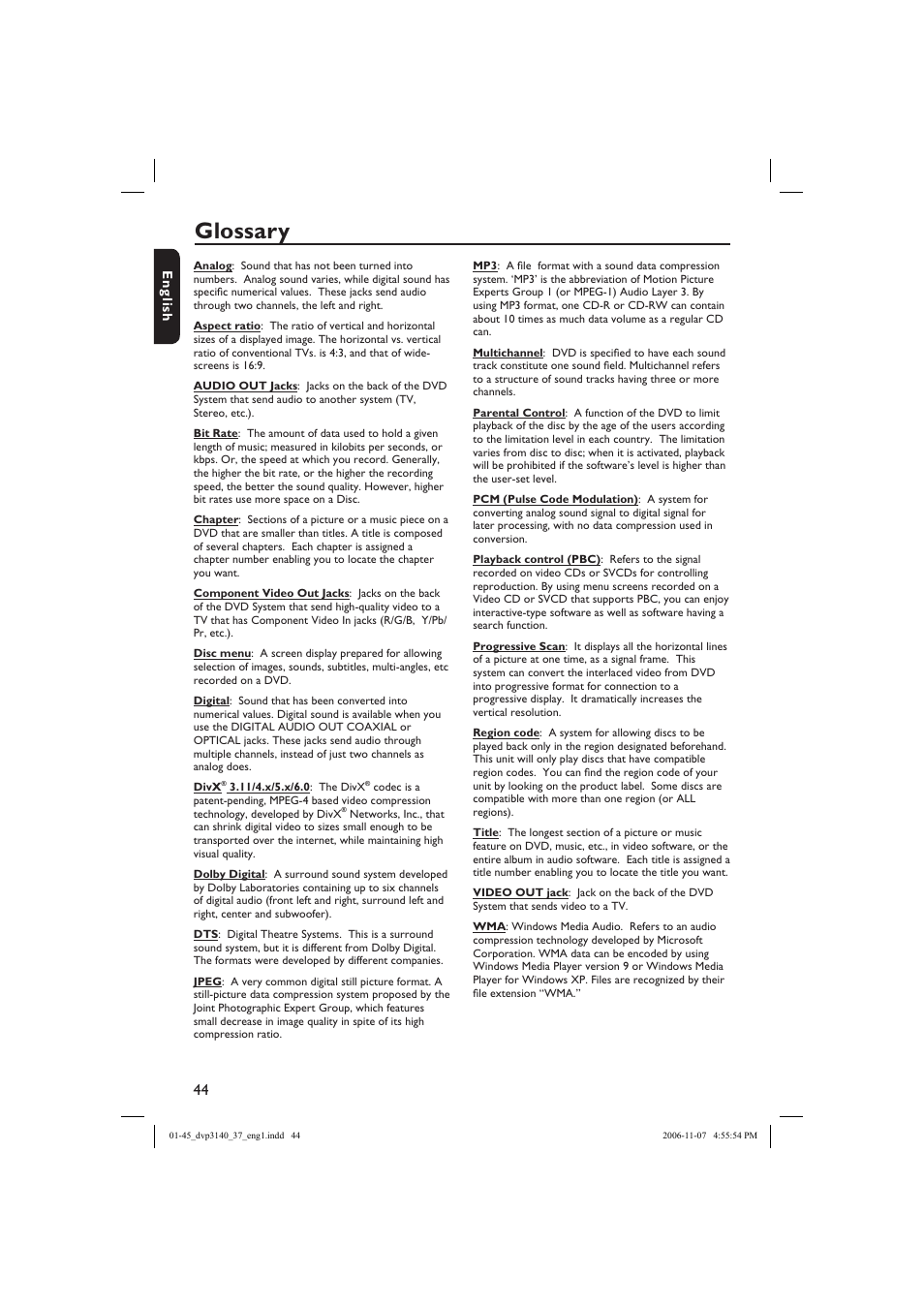 Glossary | Philips DVP3140-37 User Manual | Page 44 / 45