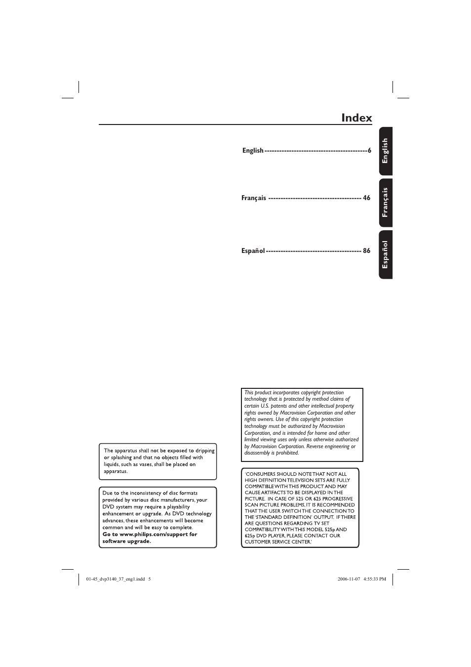 Index | Philips DVP3140-37 User Manual | Page 5 / 45