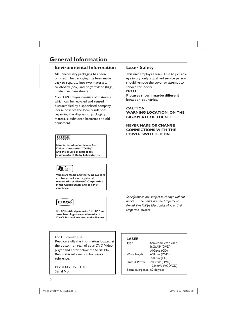 General information, Environmental information, Laser safety | Philips DVP3140-37 User Manual | Page 6 / 45