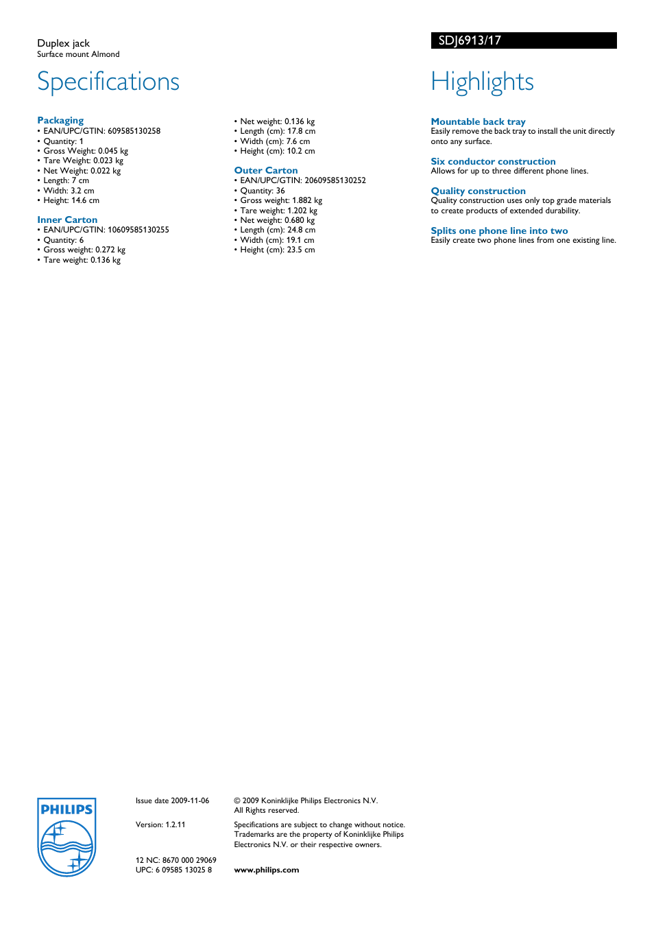 Specifications, Highlights | Philips SDJ6913-17 User Manual | Page 2 / 2