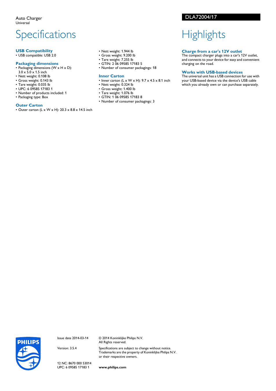 Specifications, Highlights | Philips DLA72004-17 User Manual | Page 2 / 2