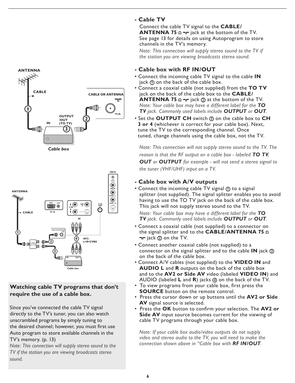 Cable tv, Cable box with rf in/out, Cable box with a/v outputs | Philips 19PFL5622D-37 User Manual | Page 13 / 54