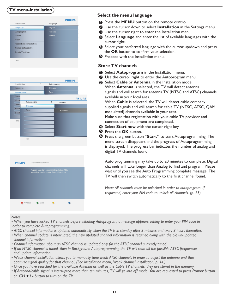 Tv menu-installation, Select the menu language, Store tv channels | Philips 19PFL5622D-37 User Manual | Page 20 / 54