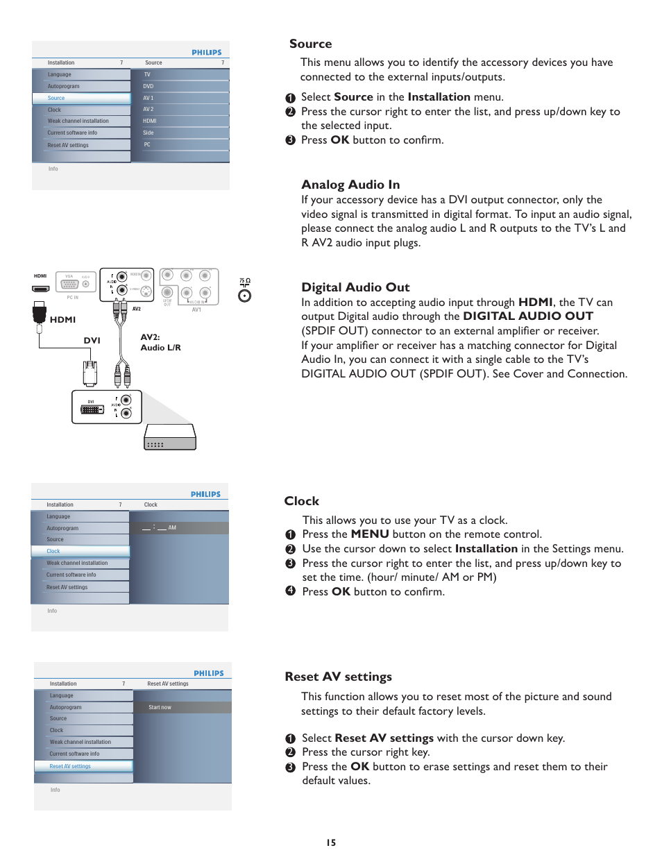 Analog audio in, Digital audio out, Source | Clock, Reset av settings | Philips 19PFL5622D-37 User Manual | Page 22 / 54
