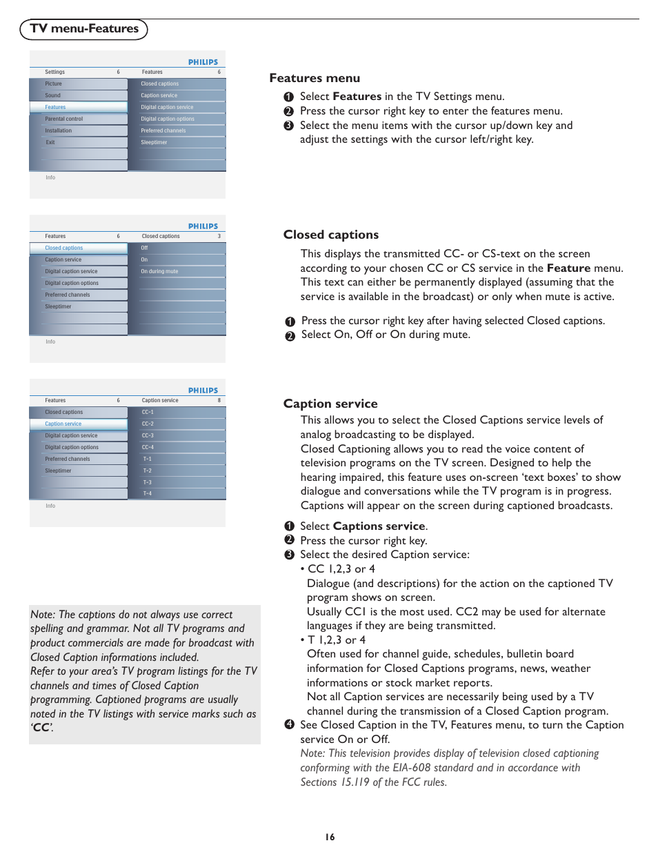 Tv menu-features, Features menu, Closed captions | Caption service | Philips 19PFL5622D-37 User Manual | Page 23 / 54