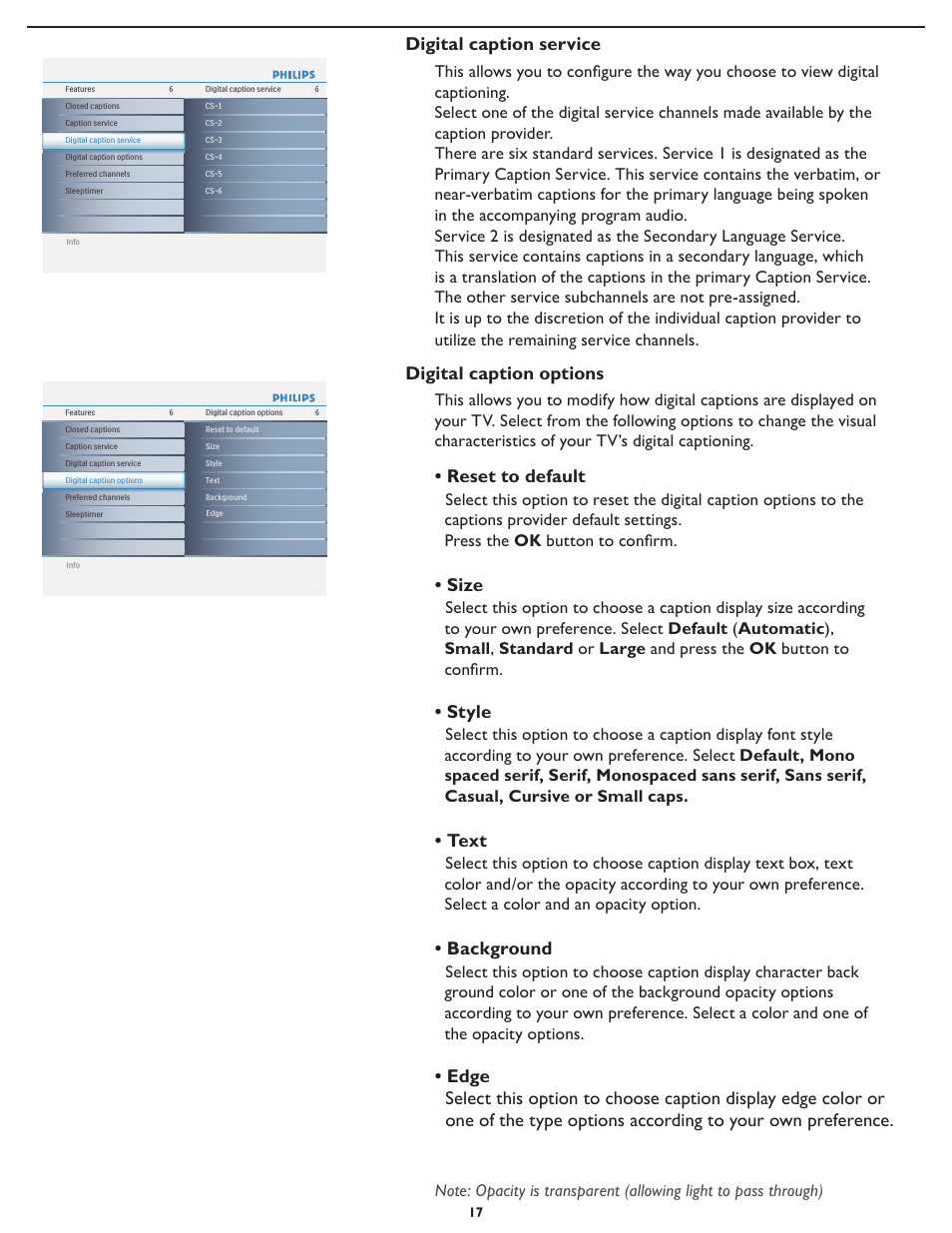 Reset to default, Size, Style | Text, Background, Digital caption options, Digital caption service | Philips 19PFL5622D-37 User Manual | Page 24 / 54