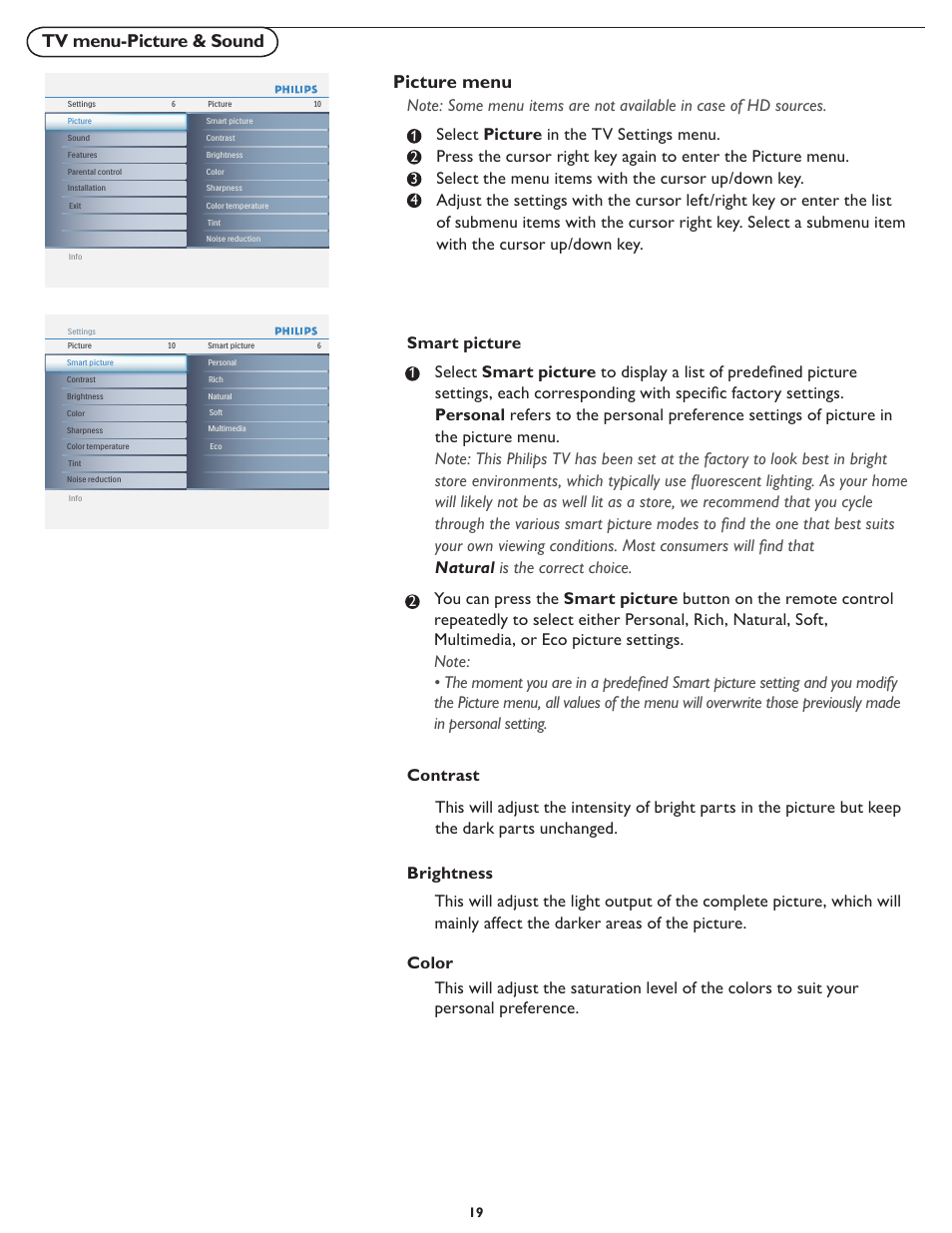 Tv menu-picture & sound, Picture menu | Philips 19PFL5622D-37 User Manual | Page 26 / 54
