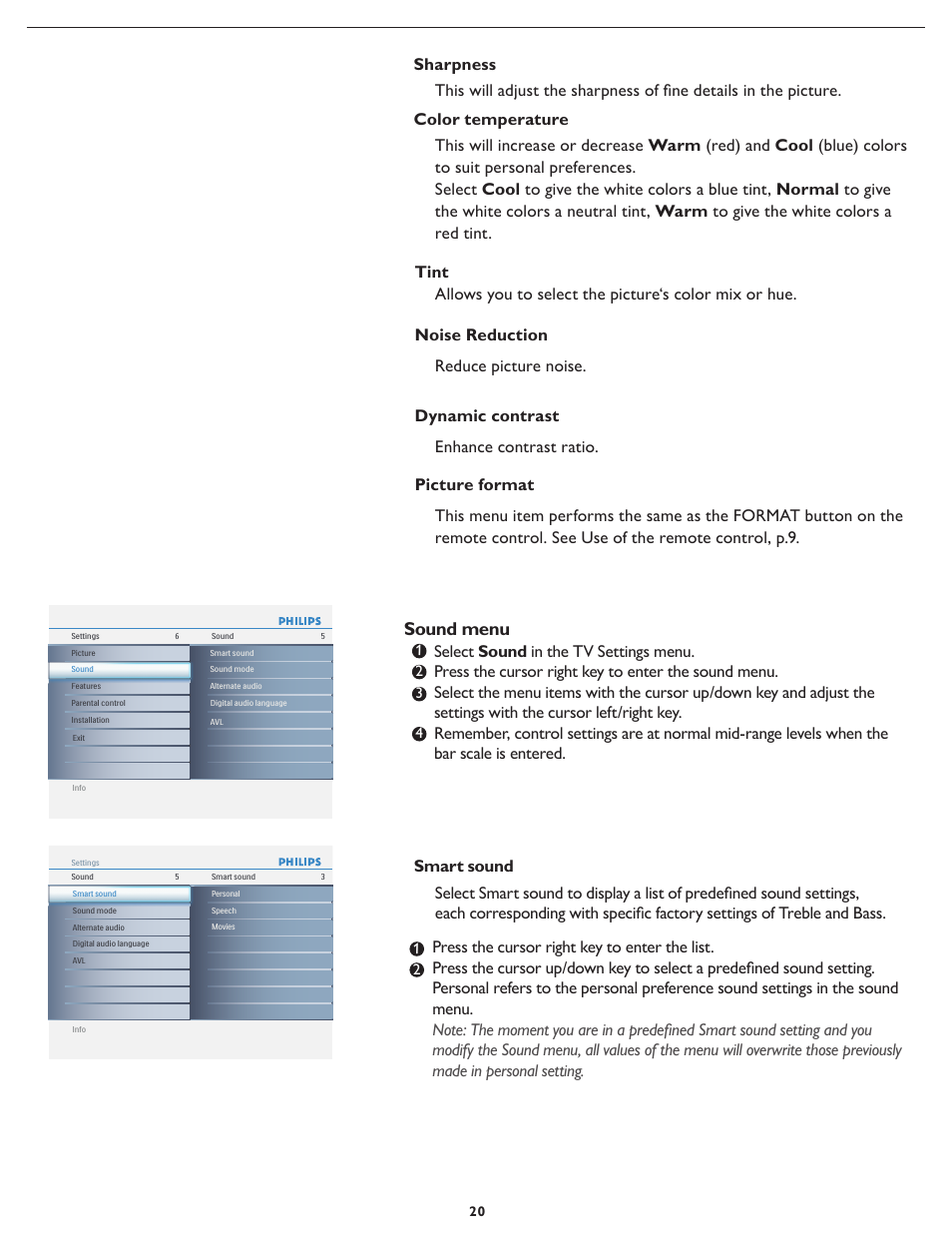 Sound menu | Philips 19PFL5622D-37 User Manual | Page 27 / 54