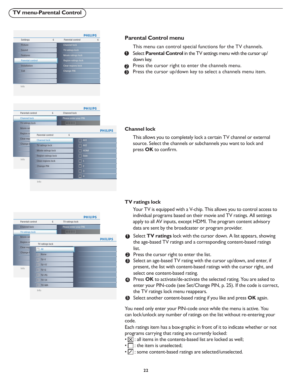 Parental control menu, Tv menu-parental control | Philips 19PFL5622D-37 User Manual | Page 29 / 54