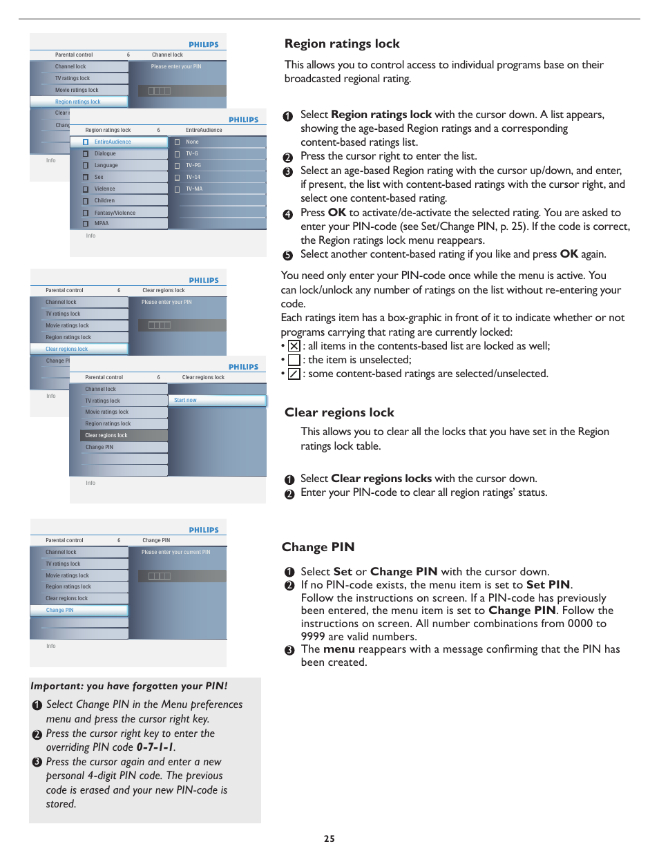 Region ratings lock, Clear regions lock, Change pin | Philips 19PFL5622D-37 User Manual | Page 32 / 54