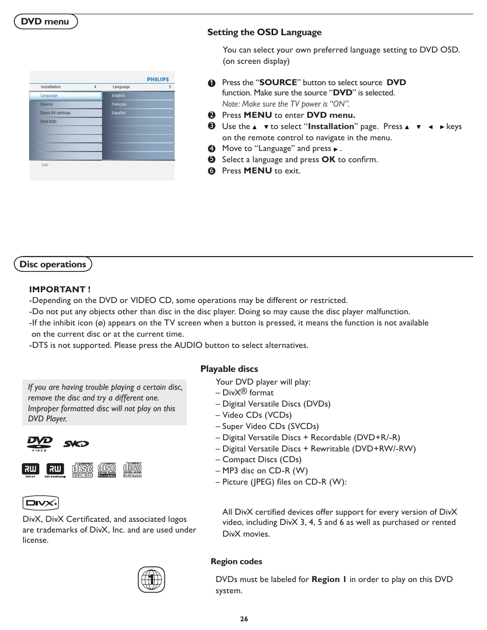 Dvd menu, Setting the osd language, Disc operations | Playable discs | Philips 19PFL5622D-37 User Manual | Page 33 / 54