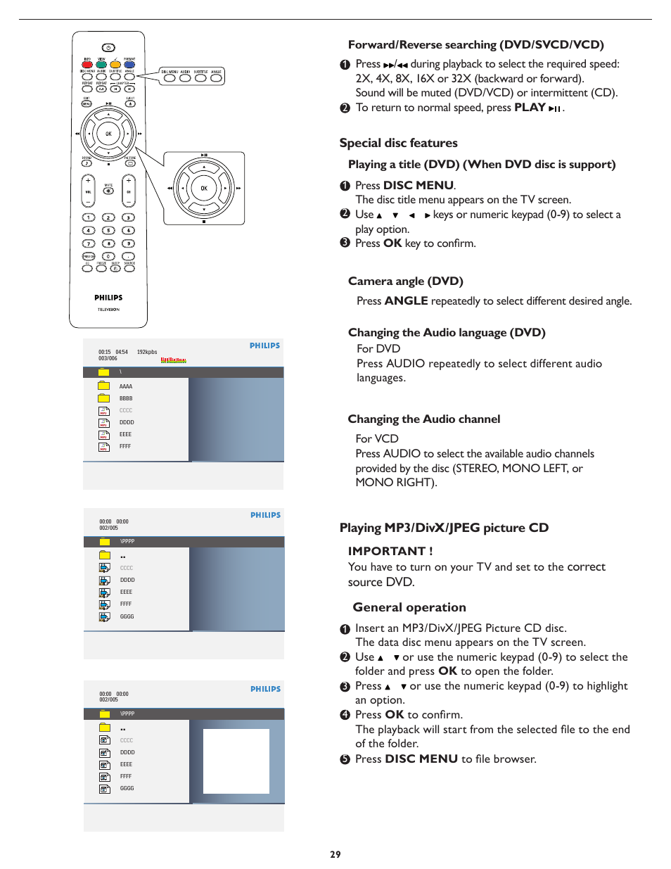 Special disc features, Playing mp3/divx/jpeg picture cd, Correct source dvd | General operation, Mp3 jpg divx | Philips 19PFL5622D-37 User Manual | Page 36 / 54