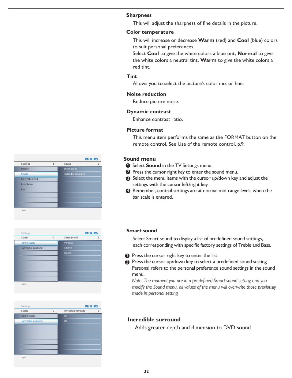 Sound menu | Philips 19PFL5622D-37 User Manual | Page 39 / 54