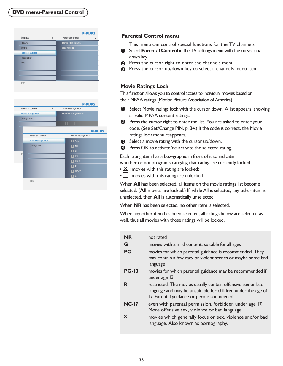 Parental control menu, Dvd menu-parental control, Movie ratings lock | Philips 19PFL5622D-37 User Manual | Page 40 / 54