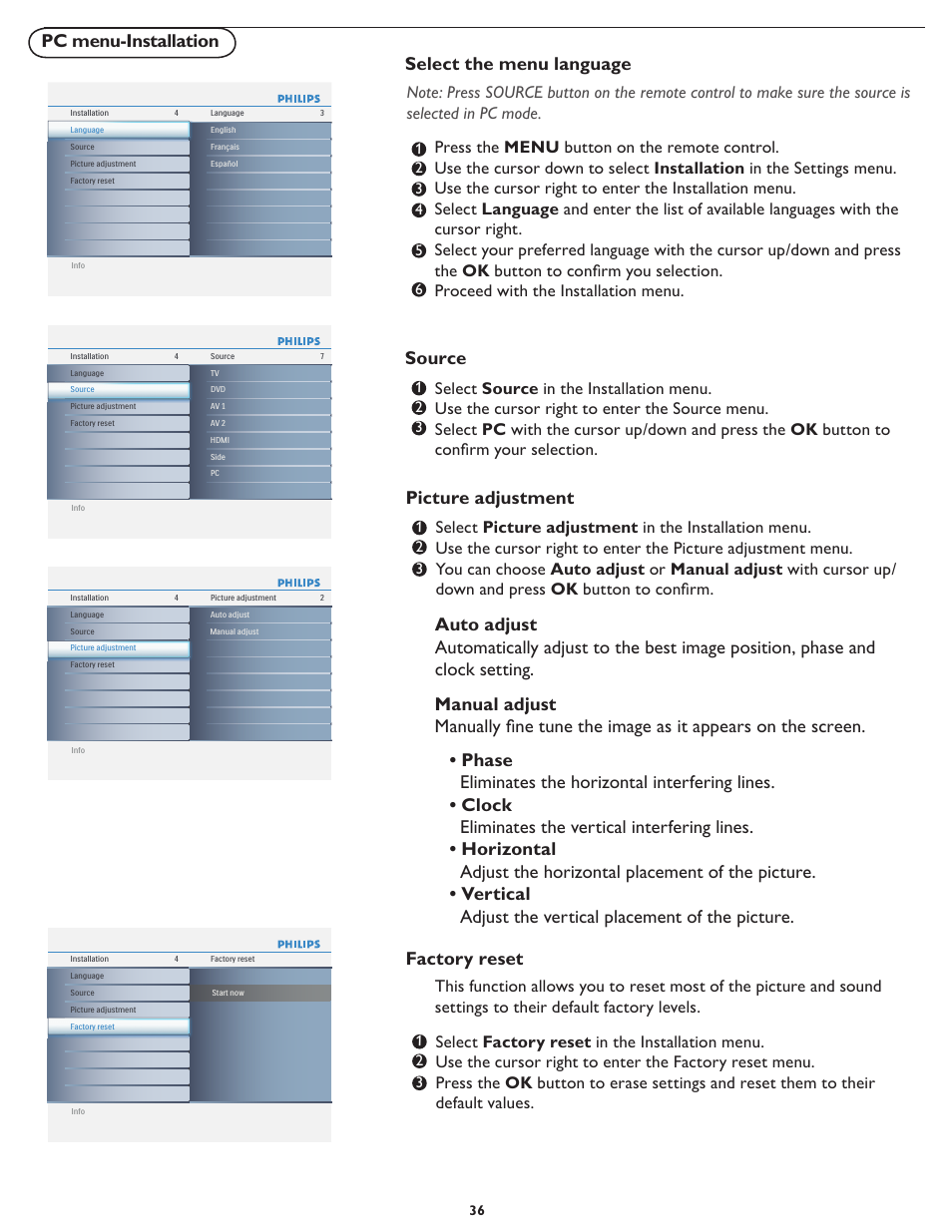 Pc menu-installation, Select the menu language, Source | Picture adjustment | Philips 19PFL5622D-37 User Manual | Page 43 / 54