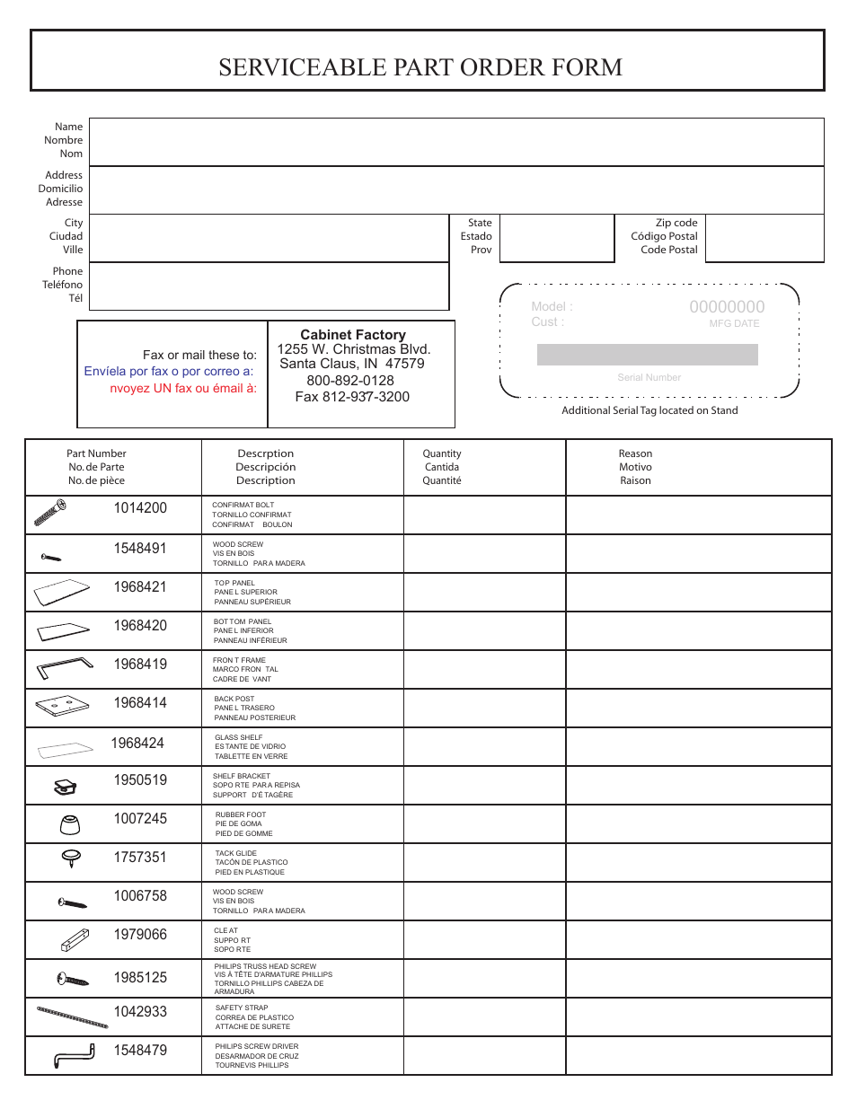 Philips 50 p8.pdf, Serviceable part order form | Philips TV floor stand ST509126G User Manual | Page 8 / 8