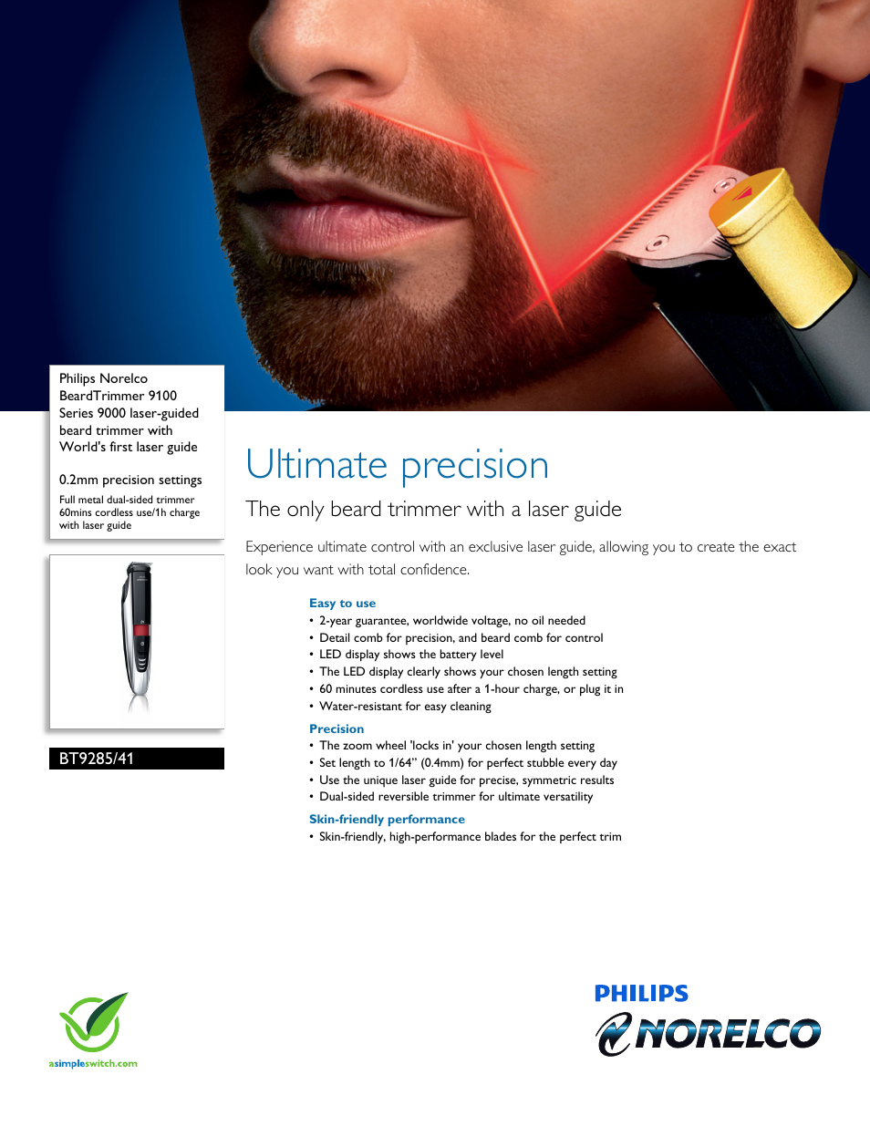 Philips Norelco BeardTrimmer 9100 Series 9000 laser-guided beard trimmer BT9285-41 0.2mm precision settings Full metal dual-sided trimmer 60mins cordless use-1h charge with laser guide with World's first laser guide User Manual | 3 pages