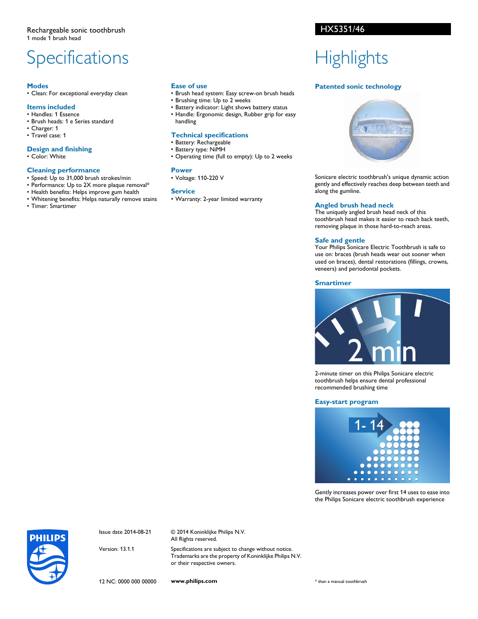 Specifications, Highlights | Philips HX5351-46 User Manual | Page 2 / 2