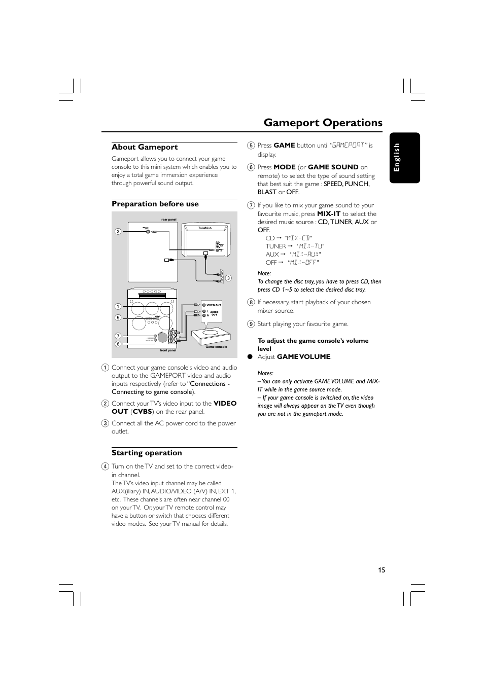 Gameport operations | Philips MP3 Mini Hi-Fi System User Manual | Page 15 / 26