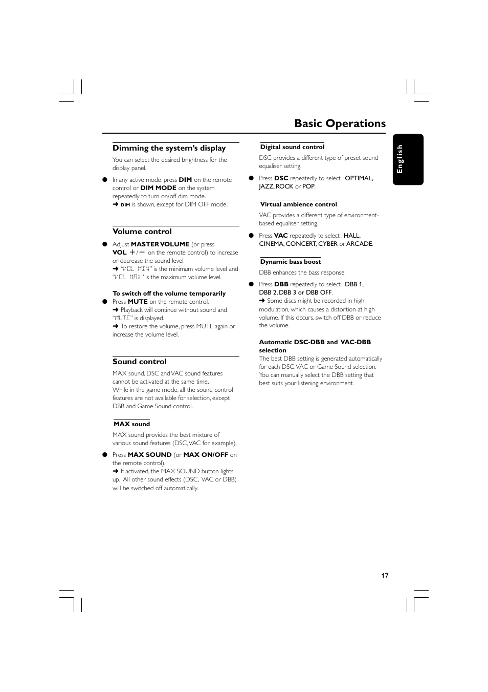 Basic operations, Dimming the system’s display, Volume control | Sound control | Philips MP3 Mini Hi-Fi System User Manual | Page 17 / 26