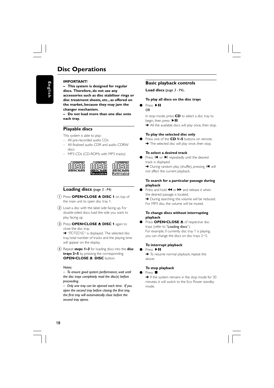 Disc operations | Philips MP3 Mini Hi-Fi System User Manual | Page 18 / 26