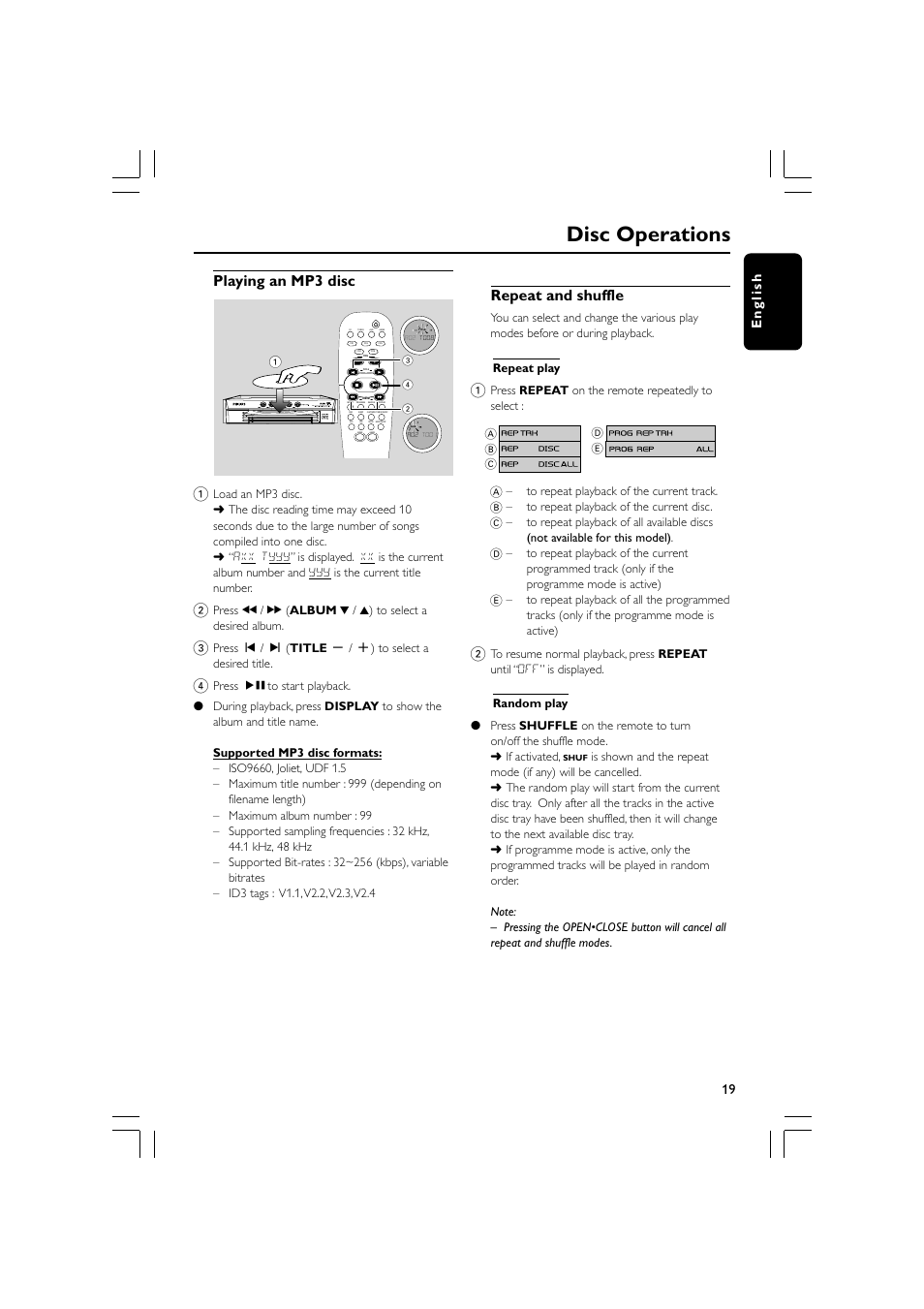 Disc operations, Playing an mp3 disc, Repeat and shuffle | 19 english | Philips MP3 Mini Hi-Fi System User Manual | Page 19 / 26