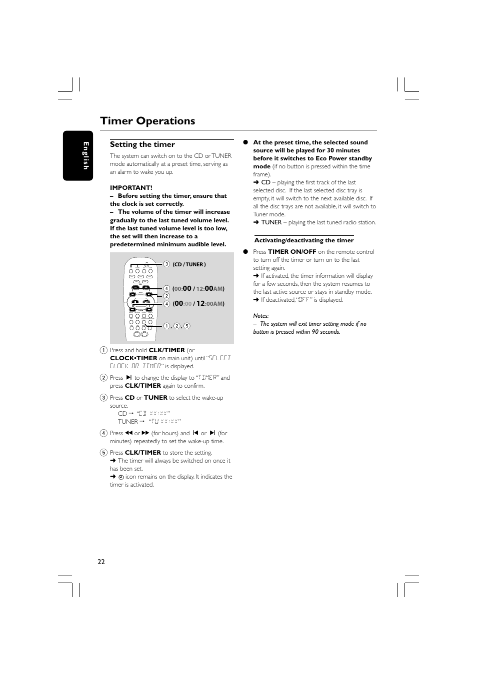 Timer operations, Setting the timer, 22 english | Philips MP3 Mini Hi-Fi System User Manual | Page 22 / 26