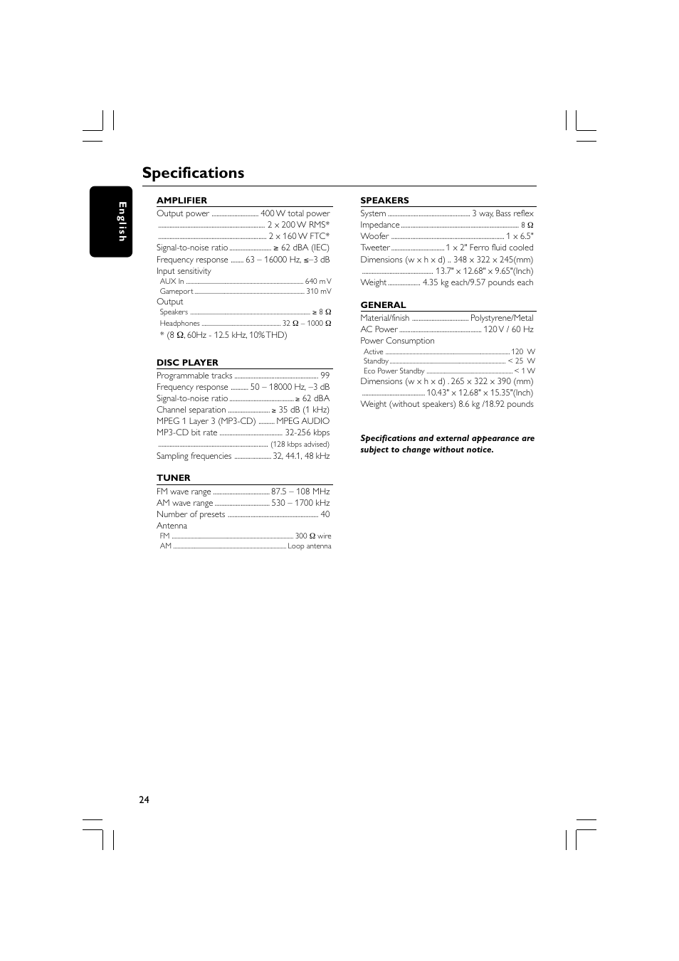 Specifications | Philips MP3 Mini Hi-Fi System User Manual | Page 24 / 26