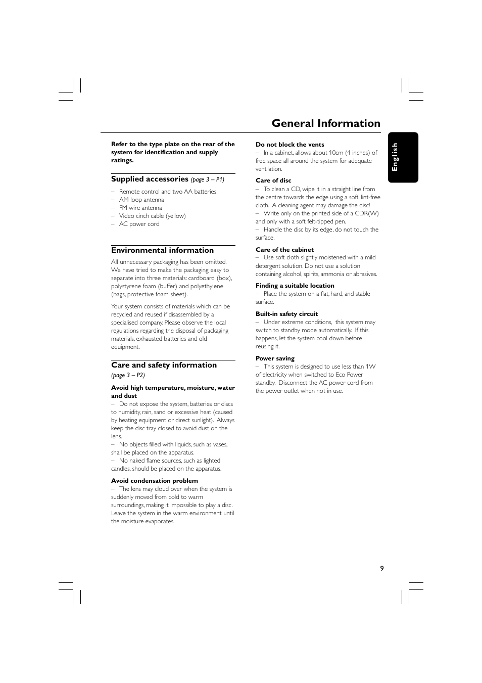 General information | Philips MP3 Mini Hi-Fi System User Manual | Page 9 / 26