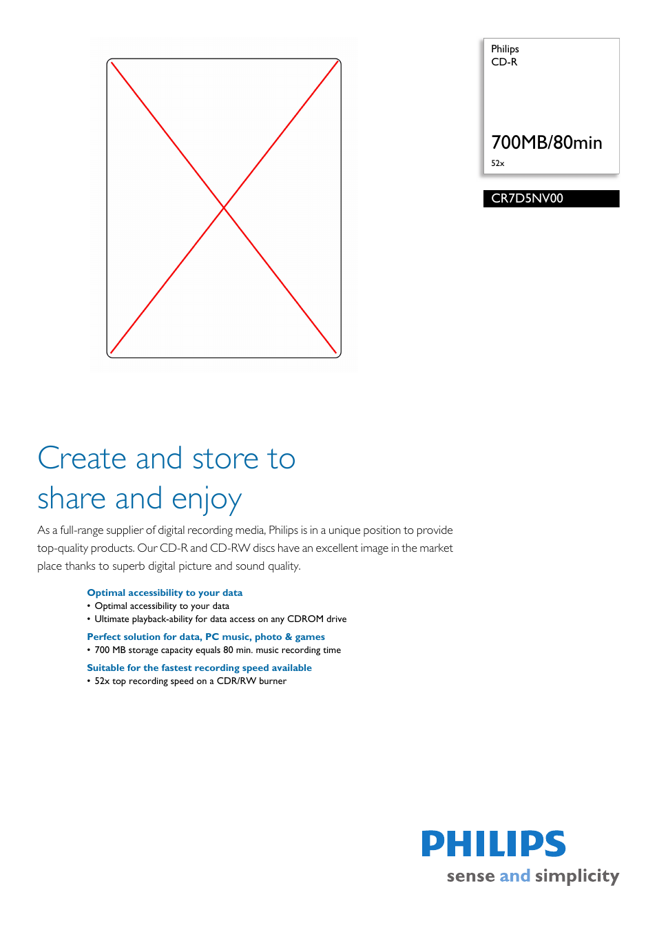 Philips CD-R CR7D5NV00 700MB-80min 52x User Manual | 2 pages