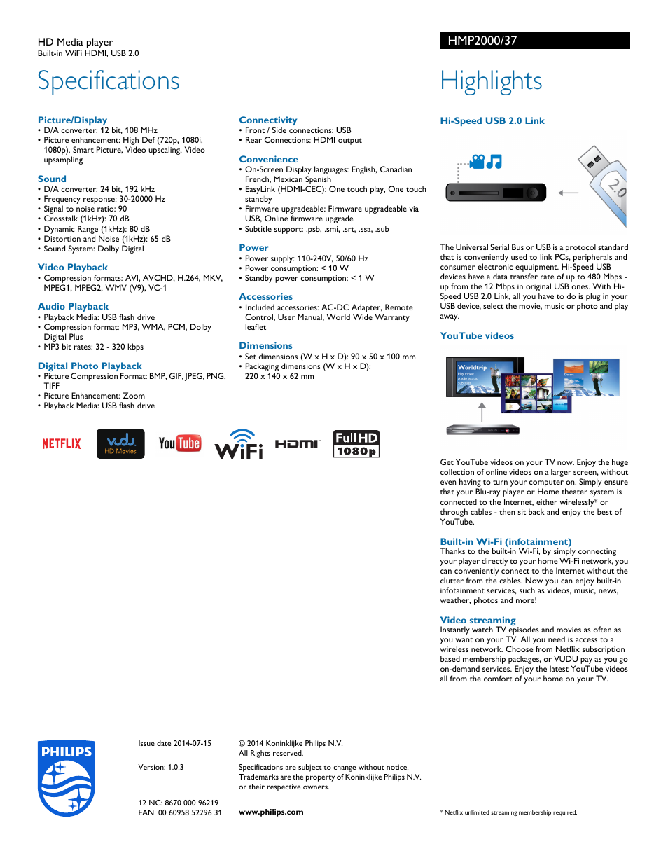 Specifications, Highlights | Philips HD Media player HMP2000 Built-in WiFi HDMI USB 2.0 User Manual | Page 2 / 2