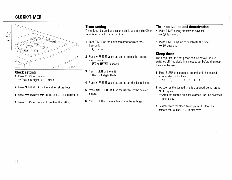 Clock^imer, Clock setting, Timer setting | Timer activation and deactivation, Sleep timer, Clock/timer, Idbh3 | Philips MC165C-37 User Manual | Page 10 / 40
