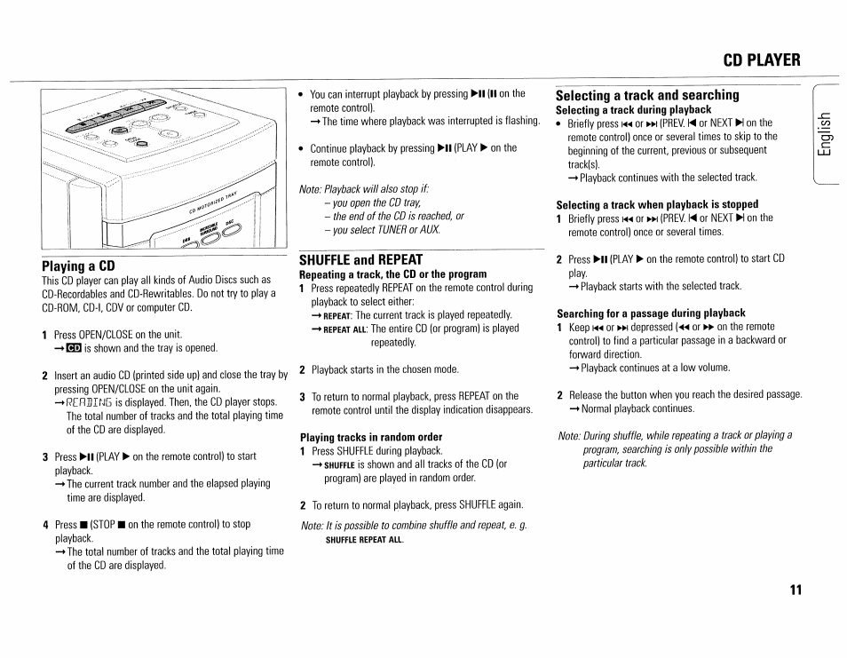 Cd player, Playing a cd, Shuffle and repeat | Selecting a track and searching | Philips MC165C-37 User Manual | Page 11 / 40