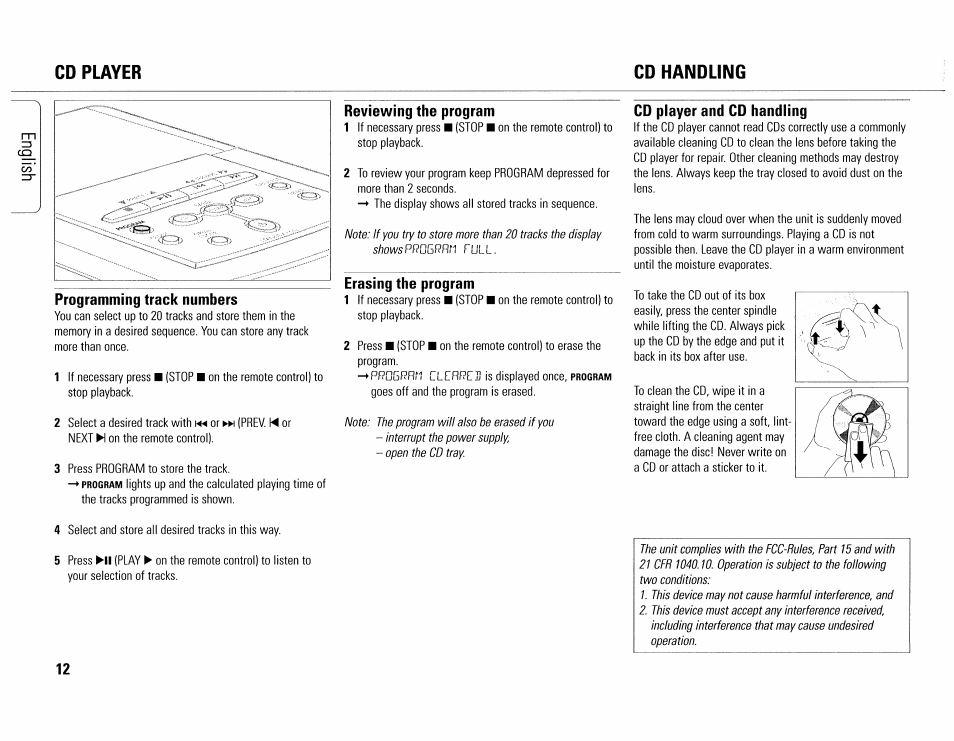 Cd handling, Programming track numbers, Reviewing the program | Erasing the program, Cd player and cd handling, Cd player, cd handling -12, Cd player cd handling | Philips MC165C-37 User Manual | Page 12 / 40