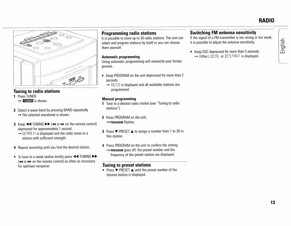 Radio, Tuning to radio stations, Programming radio stations | Tuning to preset stations, Switching fm antenna sensitivity | Philips MC165C-37 User Manual | Page 13 / 40